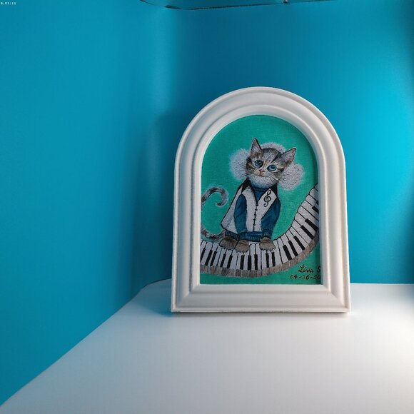 Fun DJ Cat 5"x7" within a new irregular shape white Frame, music cat, keyboard - Picture 3 of 7
